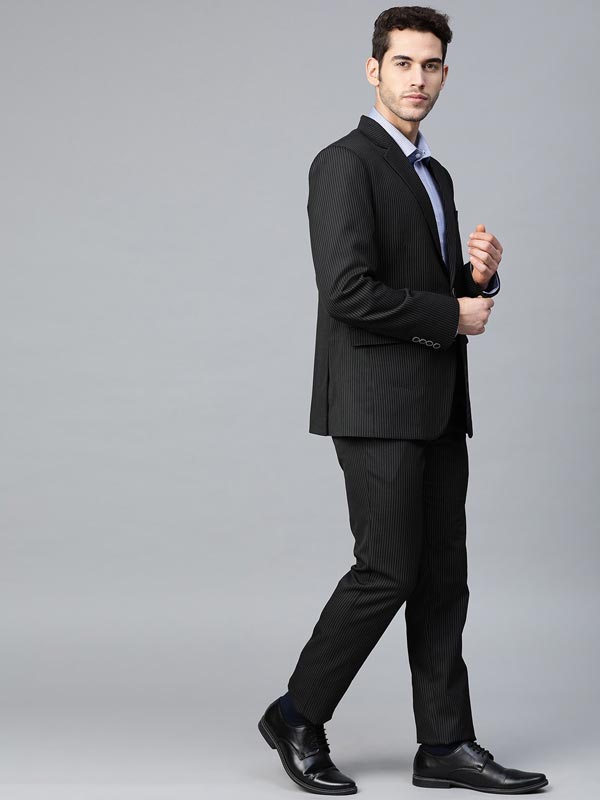 Men Black & White Slim Fit Striped Single-Breasted Formal Suit – ManQ