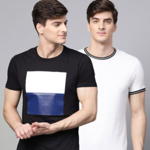 Men Pack of 2 Black & White Printed Slim Fit T-shirt