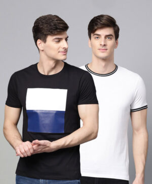 Men Pack of 2 Black & White Printed Slim Fit T-shirt