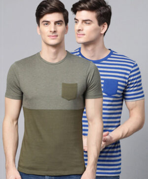 Men Pack Of 2 Green & Blue Slim Fit T-Shirts With Pocket Detailing