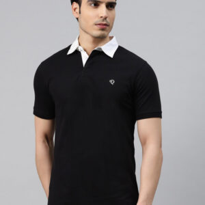 Men Black Solid Polo Collar Slim Fit T-shirt