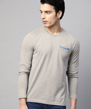 Men Grey Melange Solid Slim Fit T-shirt