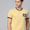 Men Mustard Yellow & White Slim Fit Striped Henley Neck T-shirt
