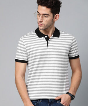 Men Grey Melange & White Slim Fit Striped Polo Collar T-shirt