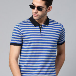 Men Blue & Grey Melange Slim Fit Striped Polo Collar T-shirt