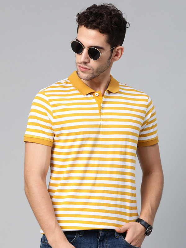 Men Mustard Yellow & White Slim Fit Striped Polo Collar T-shirt – ManQ