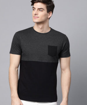 Men Black & Charcoal Grey Colourblocked Round Neck T-shirt