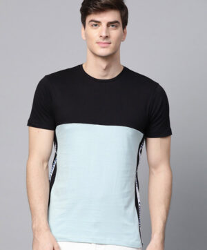 Men Blue & Black Colourblocked Round Neck T-shirt