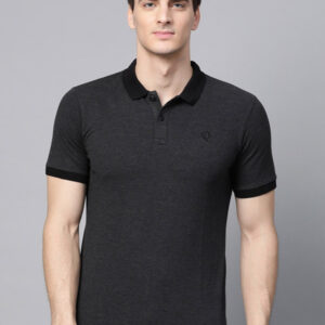 Men Charcoal Grey Slim Fit Solid Polo Collar T-shirt