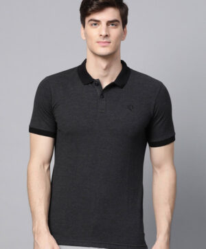 Men Charcoal Grey Slim Fit Solid Polo Collar T-shirt