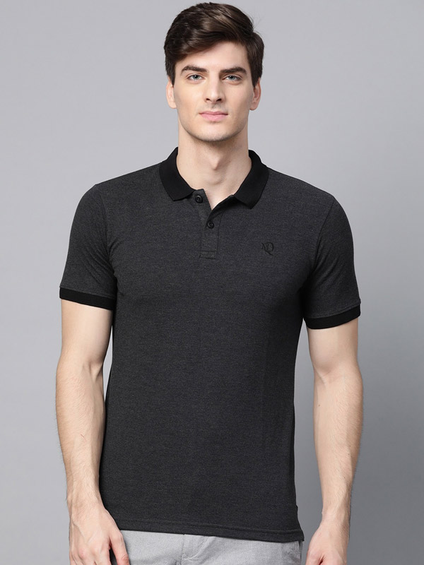 Men Charcoal Grey Slim Fit Solid Polo Collar T-shirt - ManQ