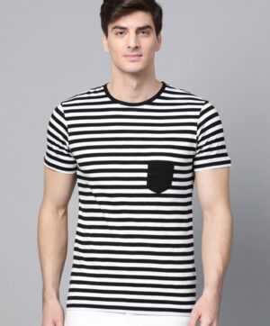 Men White & Black Striped Round Neck T-shirt