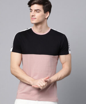 Men Black & Dusty Pink Colourblocked Round Neck T-shirt