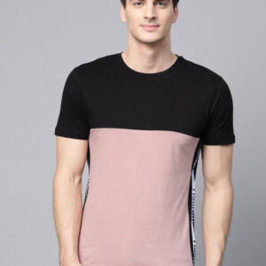 Men Dusty Pink & Black Colourblocked Round Neck T-shirt