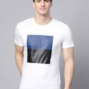Men White & Blue Printed Round Neck T-shirt