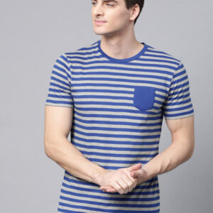 Men Blue & Grey Melange Striped Round Neck T-shirt