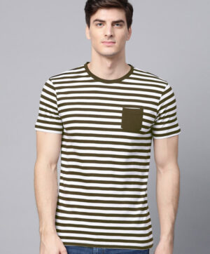 Men Olive Green & White Slim Fit Striped Round Neck T-shirt