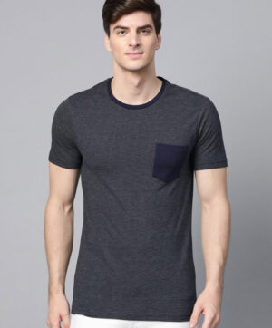 Men Navy Blue Self Design Round Neck T-shirt