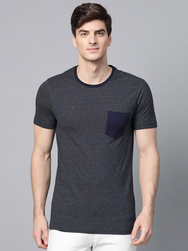 Men Navy Blue Self Design Round Neck T-shirt – ManQ