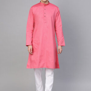 Men Pink & White Solid Kurta with Pyjamas