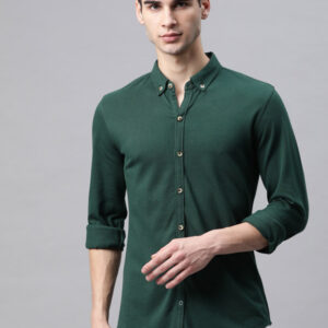 Men Green Solid Slim Fit Cotton Casual Shirt