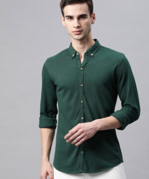 Men Green Solid Slim Fit Cotton Casual Shirt