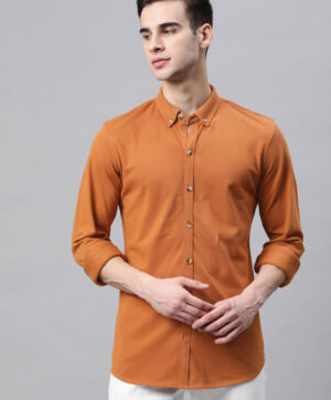 Men Orange Solid Slim Fit Cotton Casual Shirt