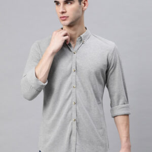 Men Grey Solid Slim Fit Cotton Casual Shirt