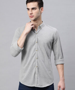 Men Grey Solid Slim Fit Cotton Casual Shirt