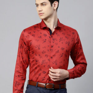 Men Red & Navy Blue Slim Fit Floral Printed Smart Casual Shirt