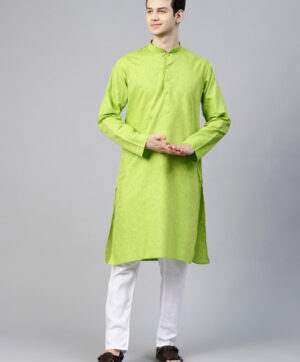 Men Lime Green & White Solid Kurta with Pyjama