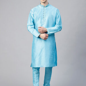 Men Turquoise Blue Self Design Kurta with Churidar