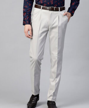 Men Grey Slim Fit Self Design Formal Trousers
