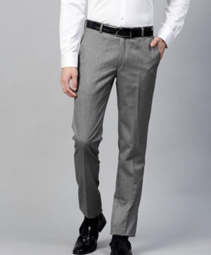 Men Grey & White Slim Fit Striped Formal Trousers