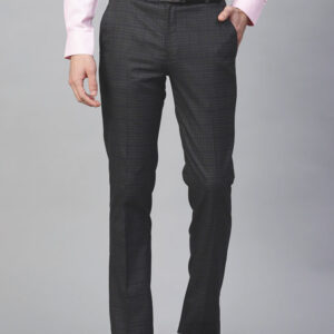 Men Charcoal Grey & Blue Slim Fit Checked Formal Trousers