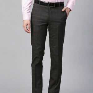 Men Charcoal Grey Slim Fit Checked Formal Trousers