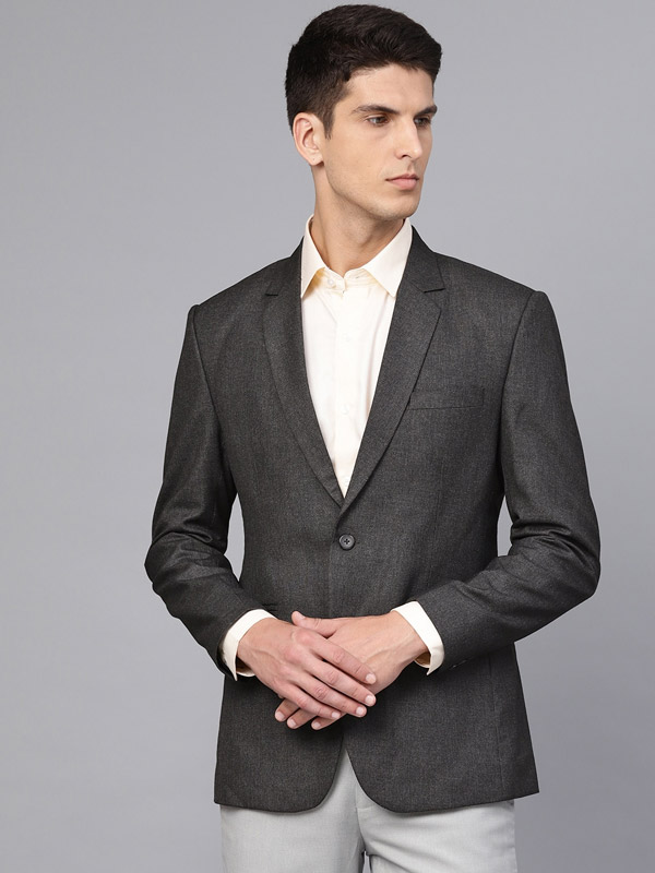 Men Charcoal Grey Slim Fit Solid Single Breasted Formal Blazer – ManQ