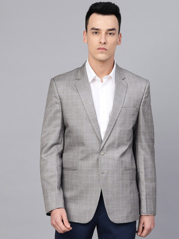 Men Grey & Blue Slim Fit Checked Single Breasted Smart Casual Blazer – ManQ