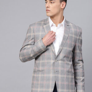 Men Grey & Black Slim Fit Checked Single-Breasted Smart Casual Blazer