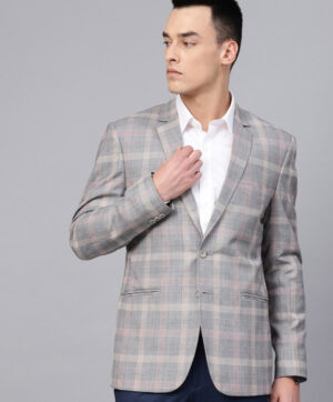 Men Grey & Black Slim Fit Checked Single-Breasted Smart Casual Blazer