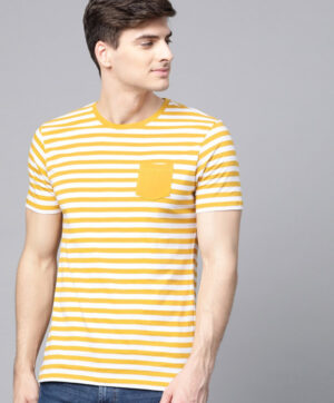 Men Mustard Yellow & White Striped Round Neck T-shirt
