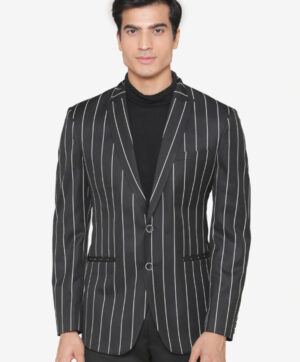 Men Black & White Striped Single-Breasted Slim Fit Formal Blazer