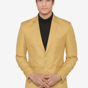 Men Mustard Yellow Striped Single-Breasted Formal Slim Fit Blazer