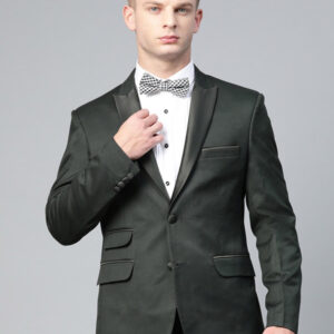 Men Green Twill Weave Slim Fit Solid Tuxedo Blazer With Pocket Square