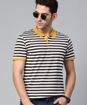 Men Olive Brown & White Striped Polo Collar T-shirt