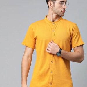 Men Mustard Yellow Knitted Slim Fit Solid Casual Shirt