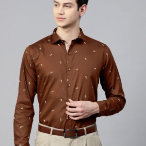 Men Brown & Off-White Slim Fit Printed Smart Casual Shirt