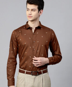 Men Brown & Off-White Slim Fit Printed Smart Casual Shirt