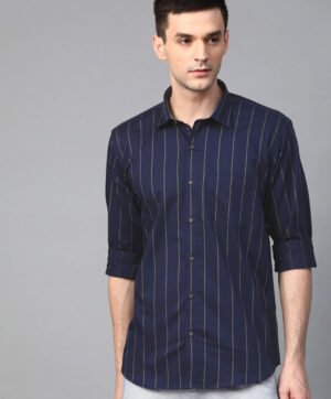 Men Navy Blue & Green Giza Cotton Semi-Slim Fit Striped Smart Casual Shirt