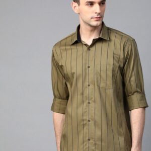 Men Olive Green & Navy Blue Giza Cotton Semi-Slim Fit Striped Smart Casual Shirt
